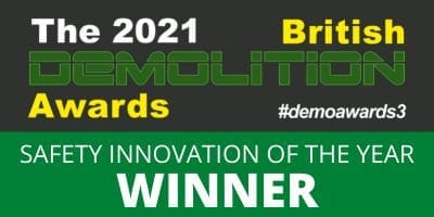 The 2021 British Demolition Awards logo featuring the text “Safety Innovation of the Year – Winner” in white and green.