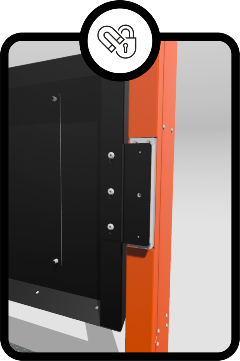 Close-up of an electromagnetic maglock system installed on a safety gate with an orange frame, showing the lock mechanism used for secure access control.
