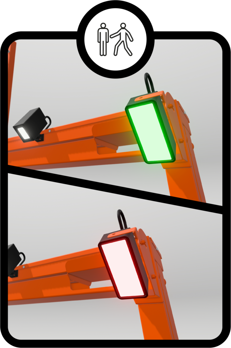 Two images showing FHOSS pedestrian safety lighting: one with a green light indicating safe to walk, and one with a red light indicating stop.