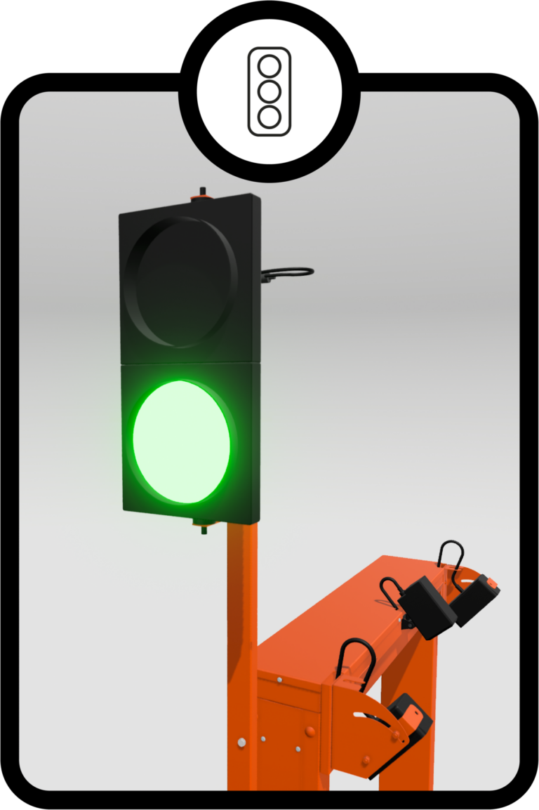 FHOSS safety traffic light system mounted on an orange frame, showing a green signal light to indicate safe pedestrian or vehicle movement.