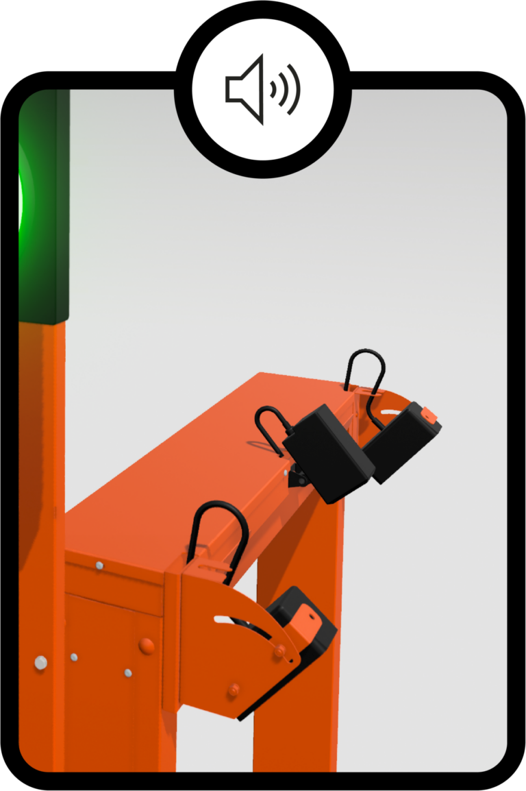 Close-up of FHOSS safety crossing frame showing mounted audio units designed to emit audible alerts during traffic light or pedestrian signal changes.