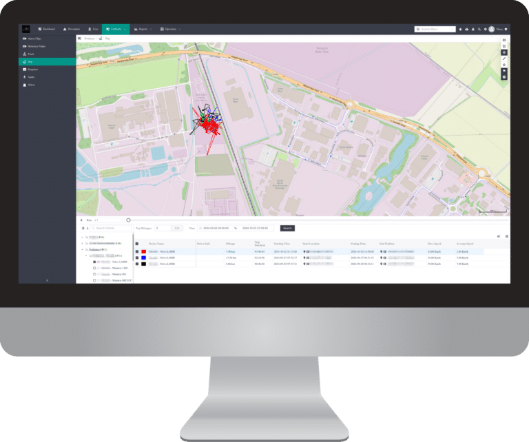 Blurred screenshot of a FHOSS cloud platform showing a vehicle heatmap and trip tracking data on a desktop monitor, with detailed mileage, speed, and route insights.